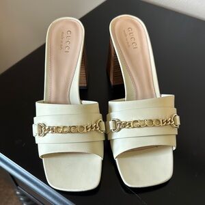 Gucci Cream Leather Chain-Trim Mules